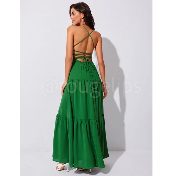 Rouge! Dresses & Skirts - Forrest Green Backless Lace Up Maxi Dress Cami Flared Flounce